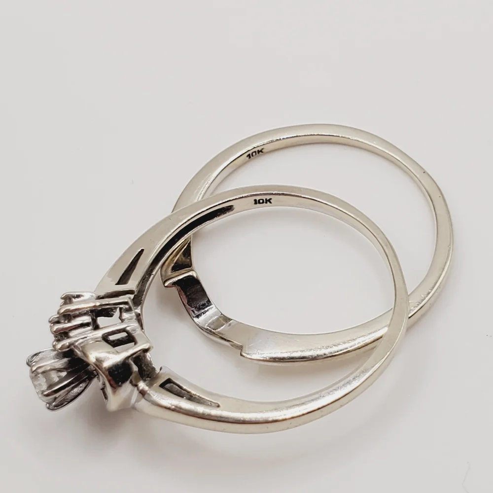 10k Solid White Gold Genuine Round & Baguette Diamond Heart Wedding Ring Set